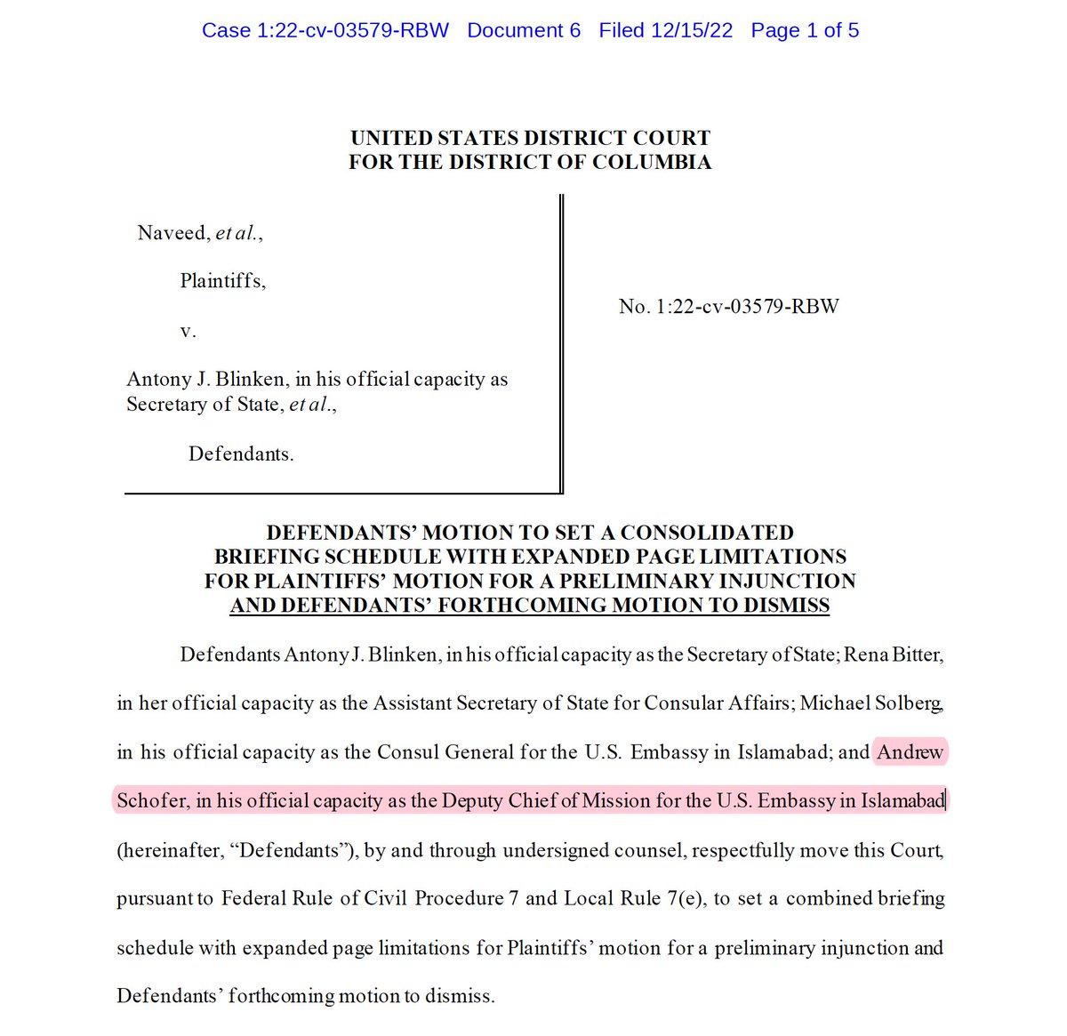 curtismorrison's tweet photo. @usembislamabad Just noticed where DOJ Attorney Michelle Ramus didn't substitute a defendant for Mr. Schofer in a 12/15 filing, so either he was still at ISL then or DOJ is disregarding FRCP 25(d). #frcp25d #WhereIsAndrew https://t.co/89QIDYTQSm