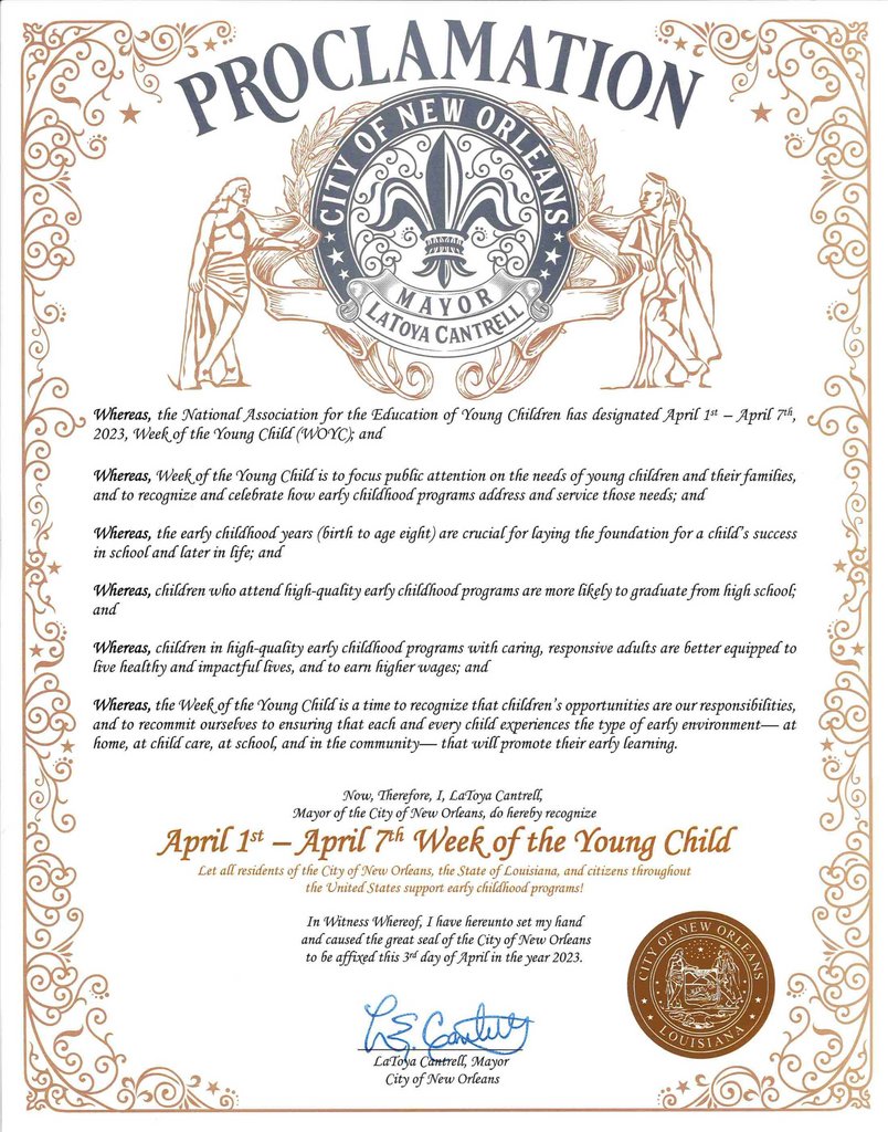 Agenda for Children (@agenda4children) on Twitter photo Thank you to <a href="/mayorcantrell/">Mayor LaToya Cantrell</a> for declaring Week of the Young Child in New Orleans! Today is #familyfriday and we celebrate the vital partnerships between families, teachers, and early educators in supporting children's learning and development. #woyc23
<a href="/laaeyc/">LAAEYC</a> <a href="/policyinstla/">LA Policy Institute</a> Thank you to <a href="/mayorcantrell/">Mayor LaToya Cantrell</a> for declaring Week of the Young Child in New Orleans! Today is #familyfriday and we celebrate the vital partnerships between families, teachers, and early educators in supporting children's learning and development. #woyc23
<a href="/laaeyc/">LAAEYC</a> <a href="/policyinstla/">LA Policy Institute</a>