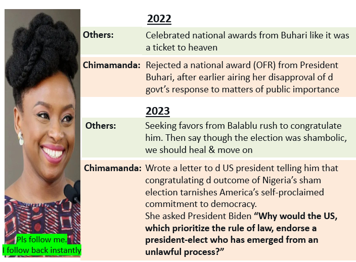 MairoEnoch's tweet photo. Don't pass without appreciating this WOMAN OF SUBSTANCE with a RETWEET &amp;❤️

Chimamanda Adichie writes d US president condemning d Nigeria's sham election and its outcome

IREV Patience Jonathan Robbery Kwankwaso Tinubu Mr. Peter Obi Burna UK and US Funke Akindele Toyin Abraham https://t.co/NFUSoxqb2b