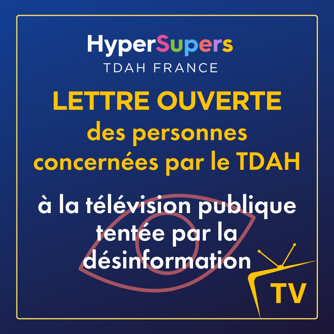Lettre ouverte des personnes concernées par le TDAH à la télévision publique tentée par la désinformation.
Nous dénonçons la légèreté avec laquelle la télévision publique a traité le sujet du #TDAH, lors de son JT dans l’œil du 20h de France 2.
tdah-france.fr/Lettre-ouverte…