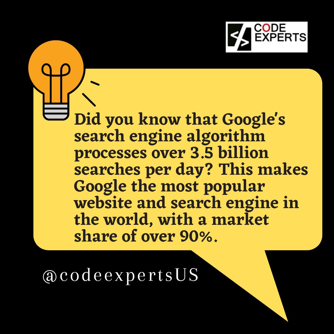 CodeExpertsUs's tweet photo. Did you know that Google processes over 3.5 billion searches every day? That's a lot of internet browsing! 🤯

#google #googlefacts #interestingfacts #codingfacts #it #programming #developer #codingbootcamp #coding #codeexperts #codeexpertsUS https://t.co/3nI8qOnu6P