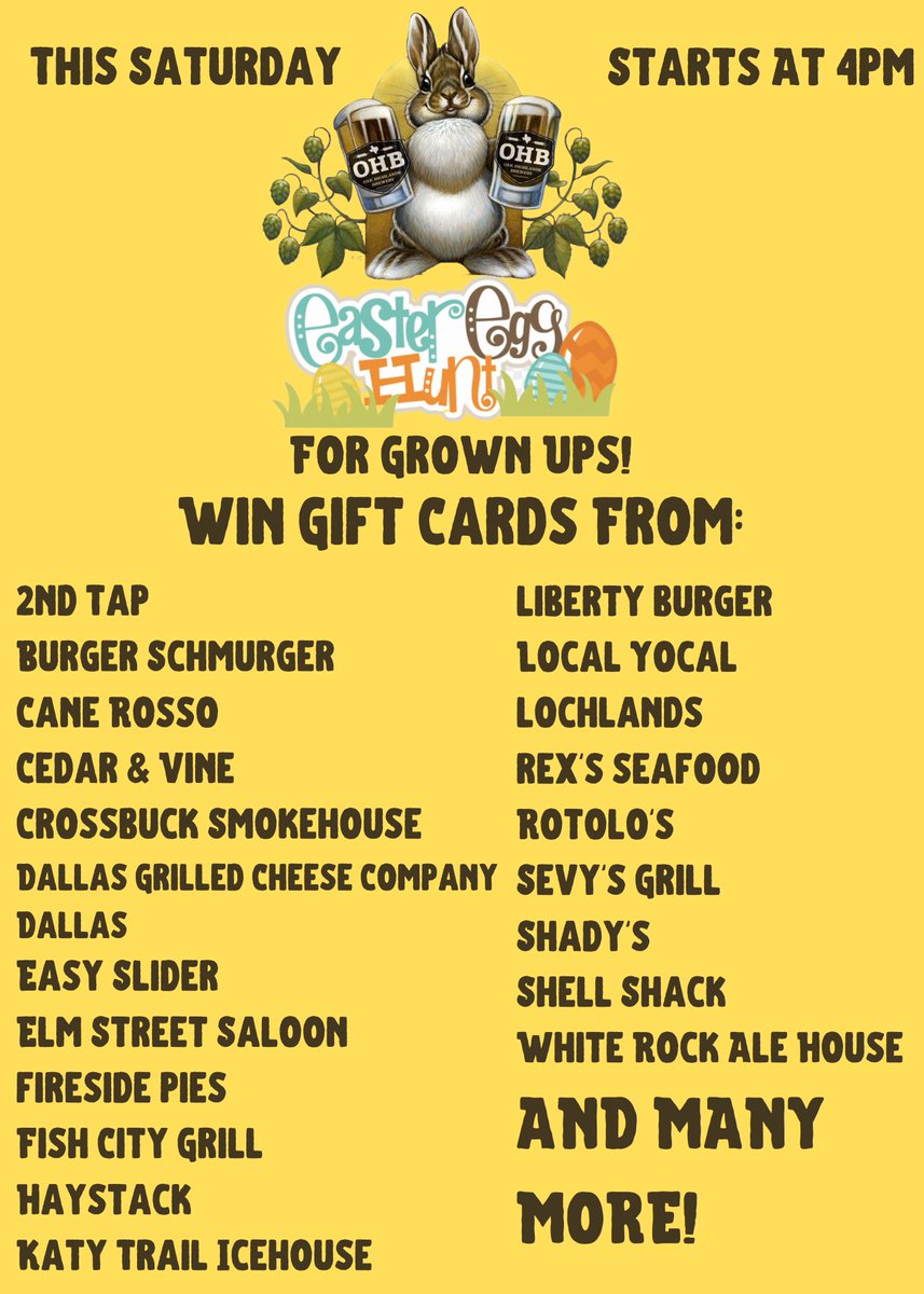 Our 3rd Annual Adult Easter Egg Hunt is this Sat at 4pm. Come out and find Easter eggs throughout the brewery and win gift cards from great local restaurants and bars. Just enjoy a cold beer and Texas barbecue from Double M BBBQ. We are open from 12 to 9pm! #adulteasteregghunt