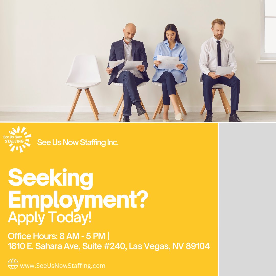 Are you currently seeking employment? If so, See Us Now Staffing is here to help! Apply at SeeUsNowStaffing.com.
#jobs, #getajob, #lasvegas, #lasvegasjobs, #nowhiring, #seeusnowstaffing, #findwork, #lookingforwork, #needajob, #beststaffingagency, #staffing, #hiringtoday