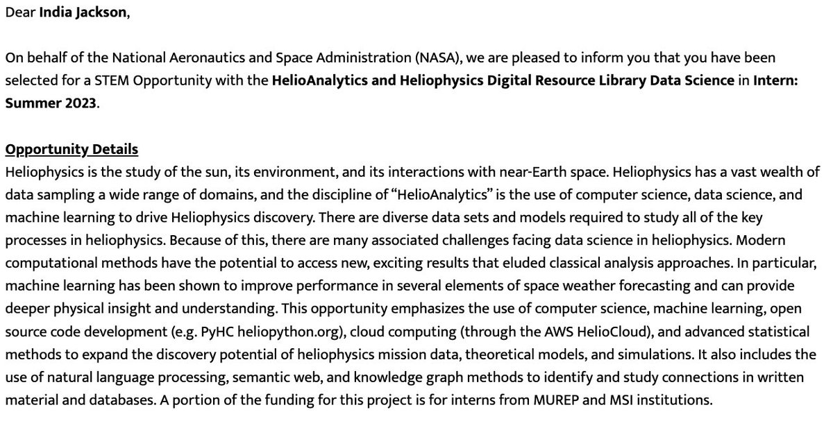 Dr. India Jackson (@astro_beauty) on Twitter photo I’m heading to <a href="/NASAGoddard/">NASA Goddard</a> for my 2nd (and last) NASA internship of my academic career. With the use of statistics, machine learning, artificial intelligence, and cloud computing I will be conducting HelioAnalytics! I’m on track to graduate with my PhD in Astrophysics next year! I’m heading to <a href="/NASAGoddard/">NASA Goddard</a> for my 2nd (and last) NASA internship of my academic career. With the use of statistics, machine learning, artificial intelligence, and cloud computing I will be conducting HelioAnalytics! I’m on track to graduate with my PhD in Astrophysics next year!