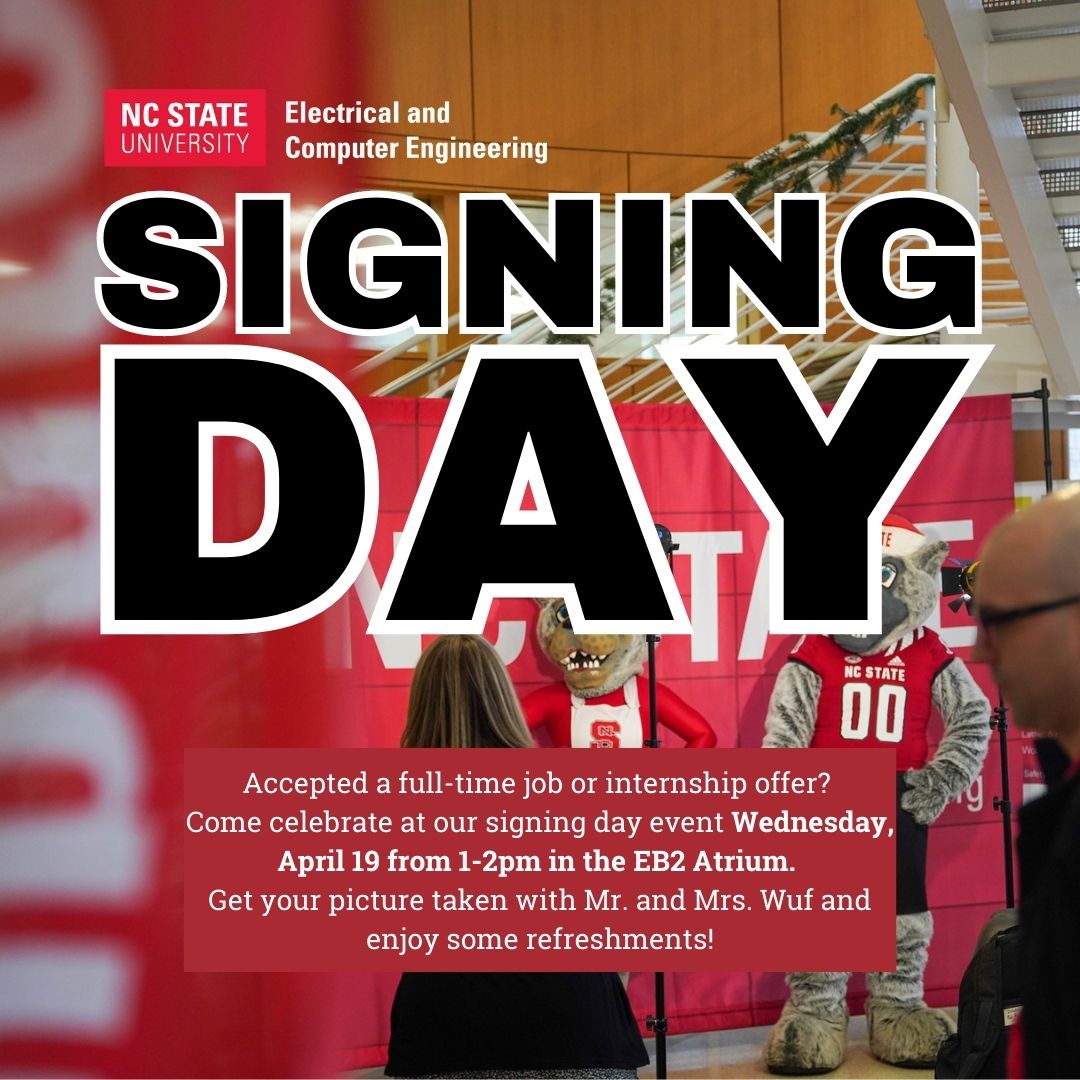 Accepted a full-time job or internship offer? Celebrate at our signing day event Wednesday, April 19th from 1-2pm in the EB2 Atrium! Get your picture taken with Mr. and Mrs. Wuf and enjoy some refreshments! Register here: engr.it/3ZSj9Wq