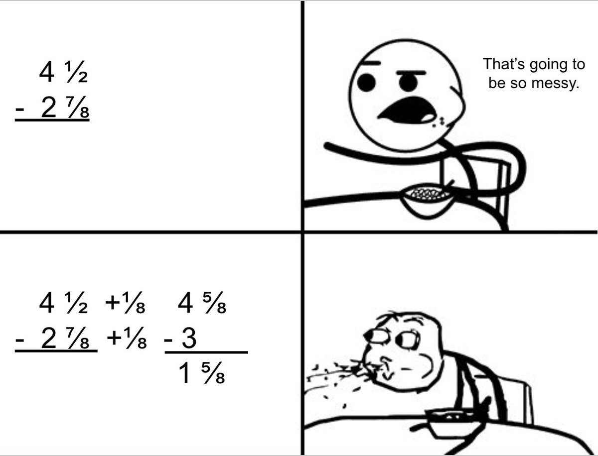 howie_hua's tweet image. You don&apos;t always need to &quot;borrow&quot; or regroup when subtracting mixed numbers. You can add or subtract the same number from both numbers so you&apos;re subtracting a whole number to make it easier.