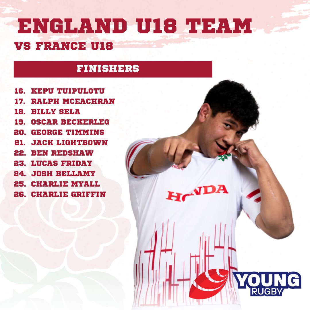 🌹 England Vs France U18 🇫🇷

Congrats to all selected for @EnglandRugby in their clash against @FranceRugby at the U18 Six Nations in Dublin tomorrow! 

Catch all the action on @SixNationsU20