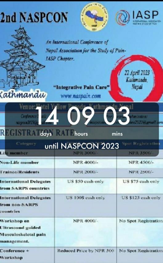 ninanepal's tweet photo. 🎙️ #NASPCON23 Open to anyone who has involvement in Clinical Pain Management
🗓️ 9th Baisakh 2080 (22/04/2023)
🚨 2nd Baishak 2080 (15/04/2023)
⏰ 9:00 AM - 5:00 PM
📍 Yellow Pagoda Hotel
🔗 https://t.co/SdNudGrMKE
Join us. Let’s come together for Integrative Pain Care #PleaseRT https://t.co/TkzfNPnCKe