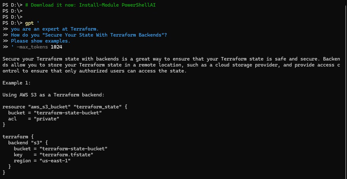dfinke's tweet image. #PowerShellAI Quicker than docs, and clicking links. ChatGPT in-console! 🚀

Download it now: Install-Module PowerShellAI