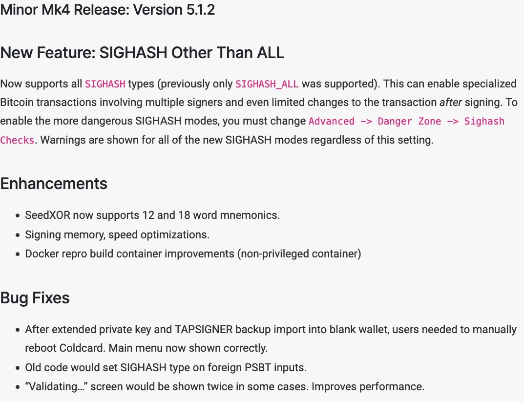 COLDCARDwallet's tweet photo. COLDCARD Mk4 Version 5.1.2
• SIGHASH Other Than ALL (ie PSBT based trading)
• #SeedXOR for 12 and 18 seed words
• Signing memory optimized for speed
• Docker repro build container improved
• and more
https://t.co/9FIpVETXBM https://t.co/CHTknMprfP