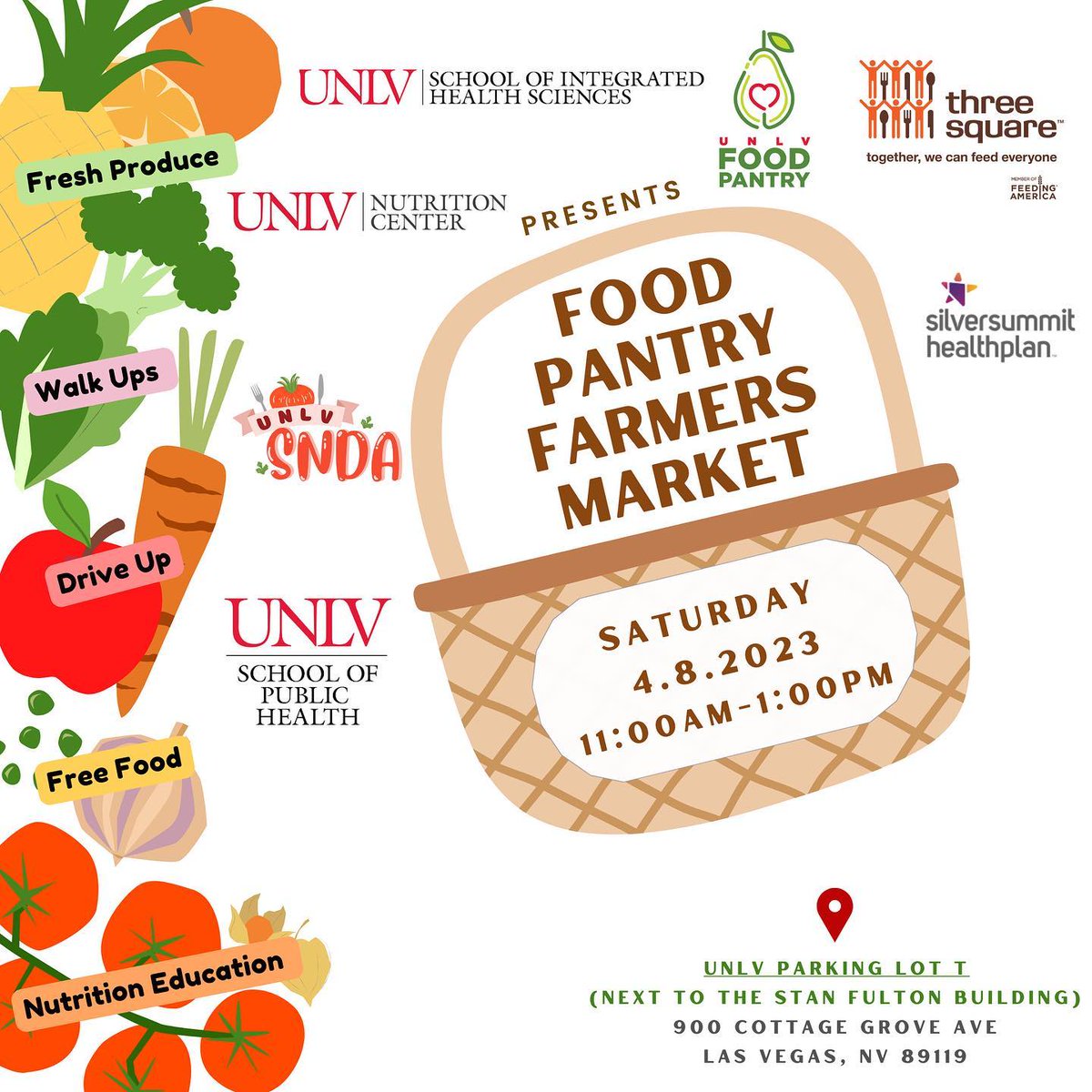 threesquareLV's tweet photo. #UNLV Food Pantry is hosting their monthly farmers market tomorrow, 4/8/23, at 11:00 a.m. 

Fresh produce, non-perishable food items, and resources will be available. 

Everyone is welcome to attend this free event. ID not required. Attendees can walk-up or drive-thru. https://t.co/TOxDizYtYa