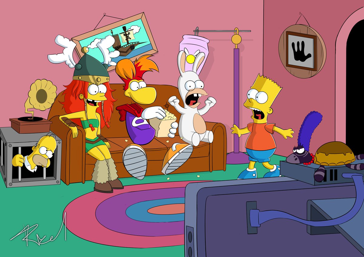 PixelJunkPlayer's tweet photo. The Simpsons couch gag ft. Rayman (FanArt)

Had so much fun making this ✨

#Rayman #Ubisoft #Rabbids #TheSimpsons #Simpsons #Barbara #Homer #Bart #Disney #art #artist #fanart #digital #gag https://t.co/8XfdAwyDh5