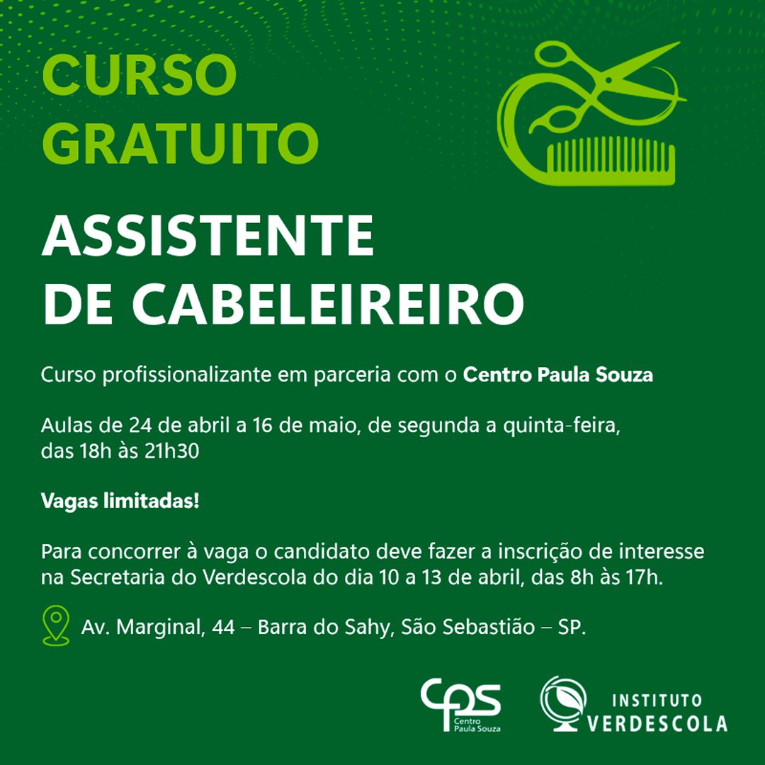Verdescola's tweet photo. 📒 CURSO GRATUITO! - Assistente de Cabeleireiro
Saiba mais aqui ⬇️ https://t.co/vZXZ0OY9tM