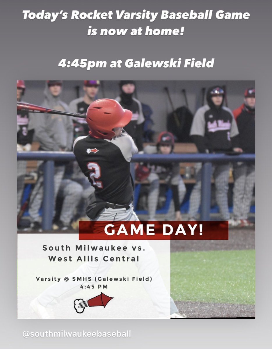anteudovicic's tweet image. Due to field conditions in West Allis, today’s varsity baseball game will be played at home at Galewski Field at 4:45pm! Dress appropriately and come on out and watch some Rocket Baseball! #gorockets #smway #springbaseball