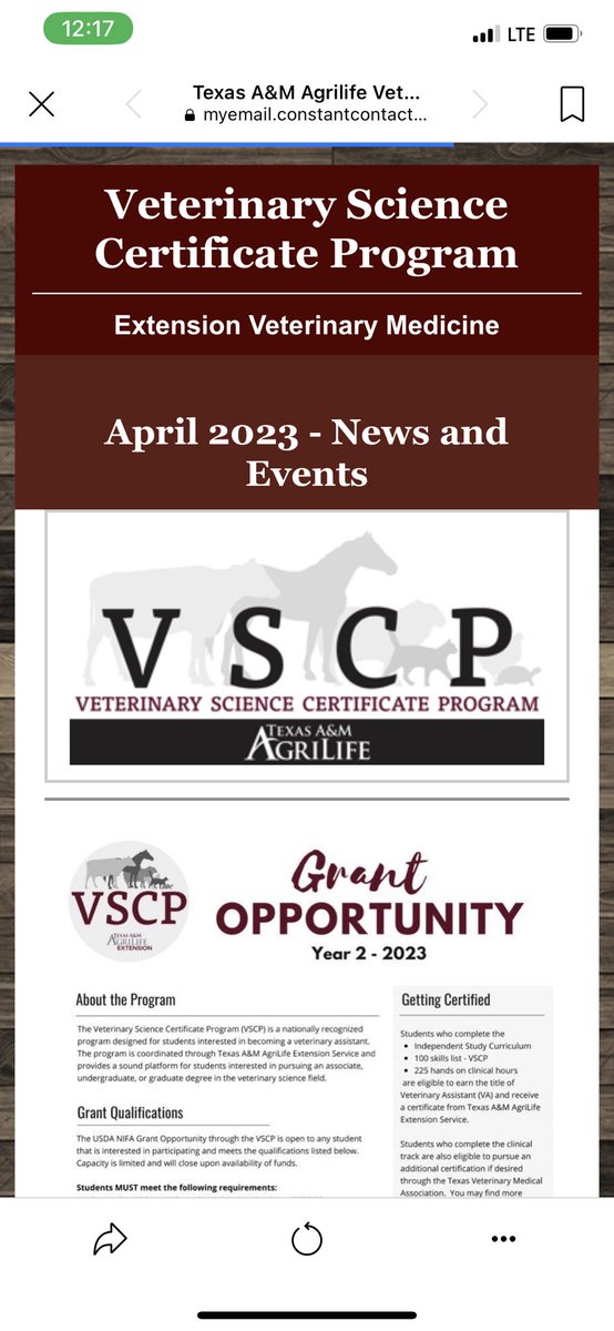 Our April Newsletter is OUT!  

Didn't receive it in your inbox?  Click the link below to subscribe and get the latest information!
conta.cc/3KjNt6H

#vetscience #veterinaryscience #veterinarymedicine #vetmed #vetmedlife #VSCP #TAMU #AgriLifeExtension #Agrilife #FFA #4H