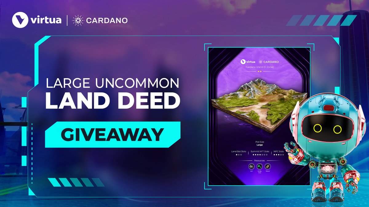 The MinerBot mint is getting close!

📅 April 10th
⏰ 5:00 PM UTC
💰 120 $ADA

For this special occasion we are giving away:
1x UNCOMMON LARGE Deed on #Cardano Island (₳ 3300 floor)

To enter:
- Follow @landbots_virtua
- Like &amp; RT this post
- Tag 3 friends 

Winner in 48hrs