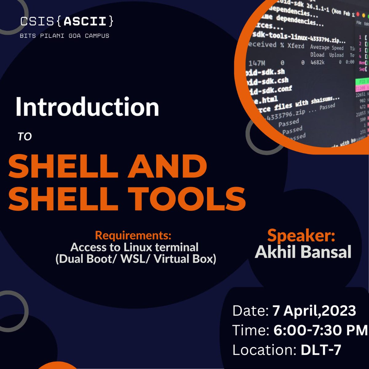 ASCII_BG's tweet photo. An informative session on Shell and Shell Tools was conducted by Akhil Bansal (Coordinator, BITSKrieg, 3rd Year CS). 
He gave valuable insights into the basics of using shell in a Unix or Linux environment and the practical applications of shells using command-line interface. https://t.co/LFIIIhKuut