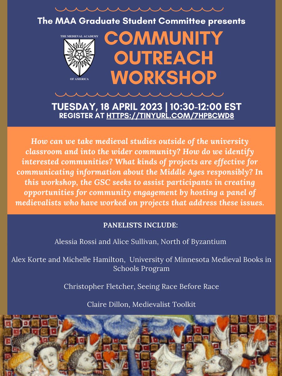 Join us on April 18, 10:30 EST, for our Community Outreach Workshop! Our speakers include reps from <a href="/NorthofByzance/">North of Byzantium</a>, <a href="/medievaltoolkit/">Medievalist Toolkit</a>, the exhibit Seeing Race Before Race, and <a href="/PremodernAtUMN/">Center for Premodern Studies UMN</a>’ Medieval Books in Schools program. 

Register here: tinyurl.com/7hpbcwd8