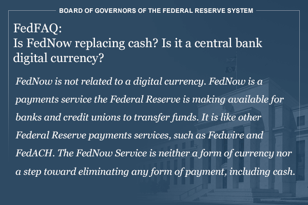 federalreserve's tweet image. #FedFAQ: Is FedNow replacing cash? Is it a central bank digital currency?
FedNow is not related to a digital currency. FedNow is a payments service the Federal Reserve is making available for banks and credit unions to transfer funds. (1/6) federalreserve.gov/faqs/is-fednow…