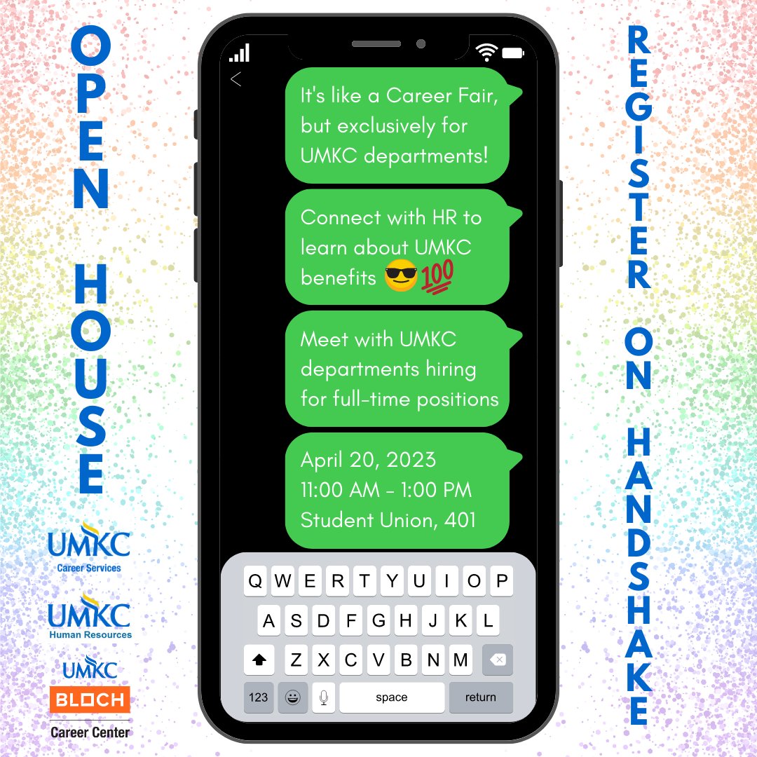 Call and text your graduating friends because we are hosting an open house on April 20th! 📱🤳📳 This event is like a career fair, but is exclusively for UMKC departments looking to hire for full-time positions 🦘

Click the link in our bio to register today! 💙💛