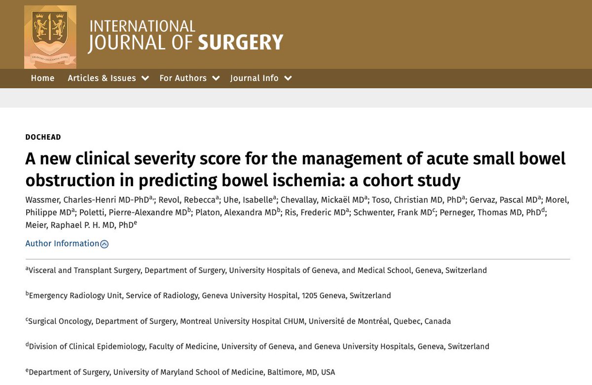 meier_raphael's tweet photo. 🩸🔪or no🔪? Our new #paper just came out in @IJSurgery: A new severity #SCORE for the mgmt of acute small #bowel obstruction | Including a version for non-con CTscan in #ESRD patients! @juliomayol @DissanaikeMD https://t.co/clQtQC3qfU https://t.co/TX8QmW26GN