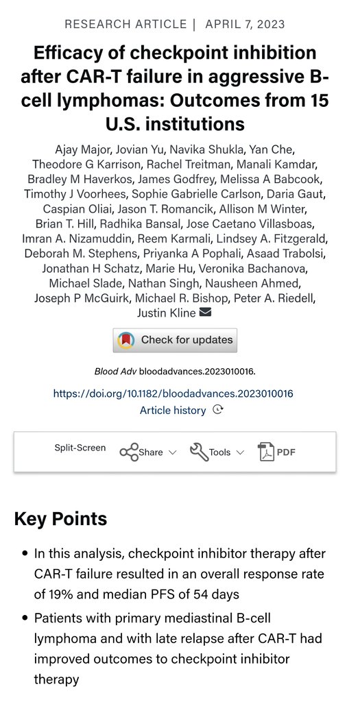 Our multicenter study of outcomes after checkpoint inhibitor therapy in the post-CAR-T setting is now <a href="/BloodAdvances/">Blood Advances</a>! Deeply appreciative to my mentor Dr. Kline <a href="/UCCancerCenter/">UChicagoCancerCenter</a> and all our collaborators. #lymsm #celltherapy cc <a href="/CULymphoma/">CU Lymphoma Program</a> <a href="/CUHematology/">CU Anschutz Division of Hematology</a> ashpublications.org/bloodadvances/…