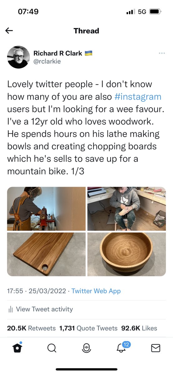 🧵 A boy and his bowls
Feel free to RT

A year ago my wee son Gabriel (12) was heartbroken to discover his love of woodwork was deemed uncool.

So in a bid to boost his insta followers (at the time a rather modest 6) Dad foolishly (?) reached out to the lovely people on twitter.