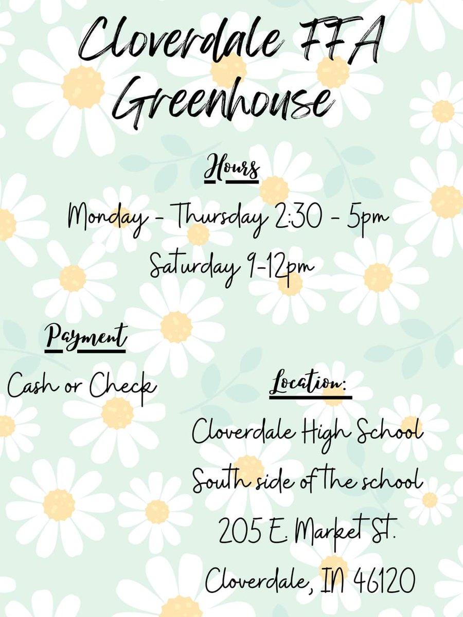 ffa_cloverdale's tweet photo. Opening Day! 

We will open the doors to our greenhouse today at 2:30pm for the spring season! 🌺

Location 
Cloverdale High School 
205 E Market St. Cloverdale, IN 46120
South side of the high school. 

Hours 
Monday - Thursday 2:30-5pm 
Saturday 9-12 https://t.co/N2zcY9mrwi