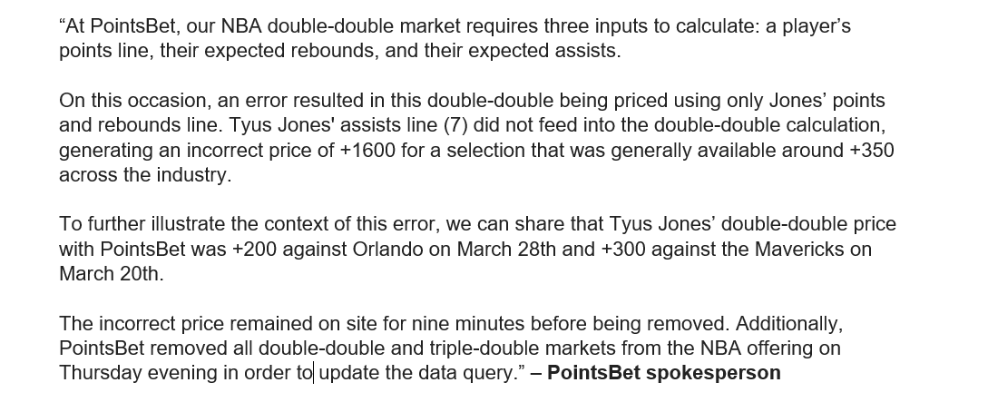 DavidPurdum's tweet image. Statement from PointsBet explaining decision to void bets on Tyus Jones to record a double-double in Wednesday's game against Pelicans.
