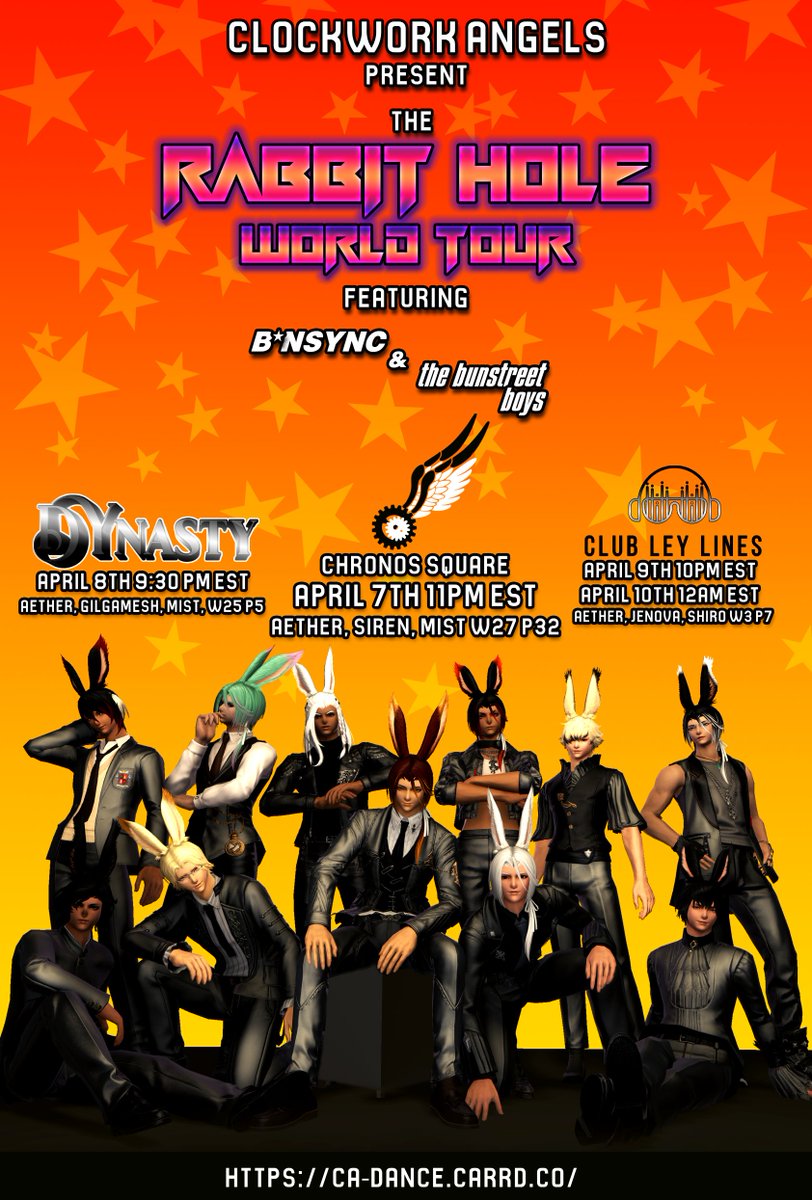 SolaraLeocor's tweet photo. It's here. It's happening. It starts TONIGHT.

Clockwork Angels present:

RABBIT HOLE WORLD TOUR

We're breaking in our new stage and kicking off our weekend of bunboi deliciousness.
Chronos Square
Friday, April 7, 2023 11:00 PM EST
#AetherDC, Siren, Mist, W27 P32
#GPOSERS #FFXIV https://t.co/wvzXgF0Lpf