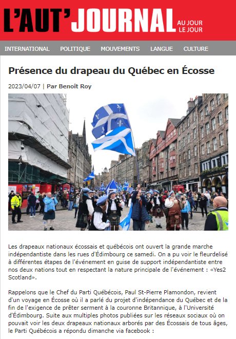 QuebecScotland's tweet photo. 📰@Lautjournal
Présence du drapeau du ⚜️Québec en 🏴Écosse
En guise de support indépendantiste entre nos 2 nations tout en respectant la nature principale de l'événement : «Yes2 Scotland».
https://t.co/tj2XsL1k9H
#PaysQc #Quebec #Yes2Edinburgh #ScottishIndependence #YesScotland https://t.co/7a5Xy9pZlJ