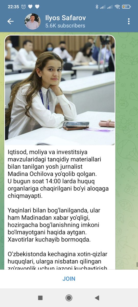 LifeHayot's tweet photo. Xalq hozir bir xabarni oʻqidim. Shokka tushib qoldim. @MBahadirovna yoʻqolib qolibdilar .  Maksimal #rettwitt qilinglar . https://t.co/I7xlQI2gCU