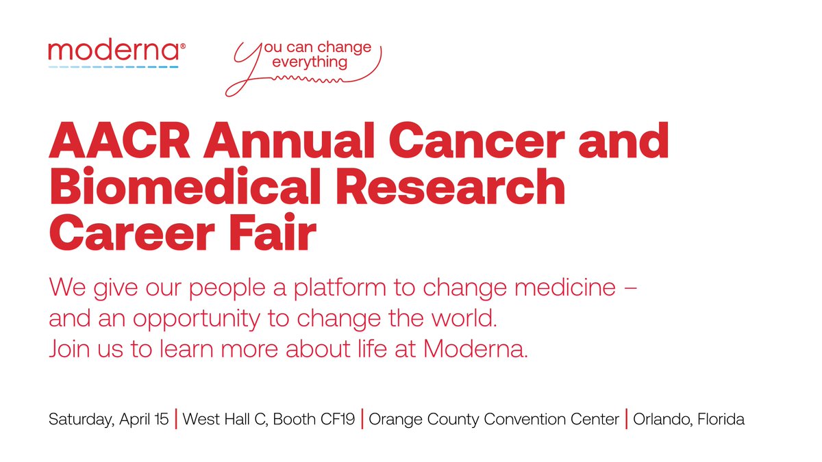 moderna_tx's tweet photo. Heading to #AACR23? Stop by our booth at the @AACR Annual Cancer and Biomedical Career Fair. Our team is excited to chat about opportunities to work in #oncology research at Moderna!

Learn more: https://t.co/JMKexufWPF https://t.co/NjucB7ZboA
