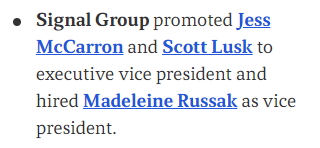 signalgroupdc's tweet photo. Hear about Signal's new Vice President and promotions in today's Axios Communicators newsletter!

https://t.co/P1WYG6p7Mf

#washingtondc #comms #signalgroupdc #publicaffairs #promotion https://t.co/0OlNCS923O