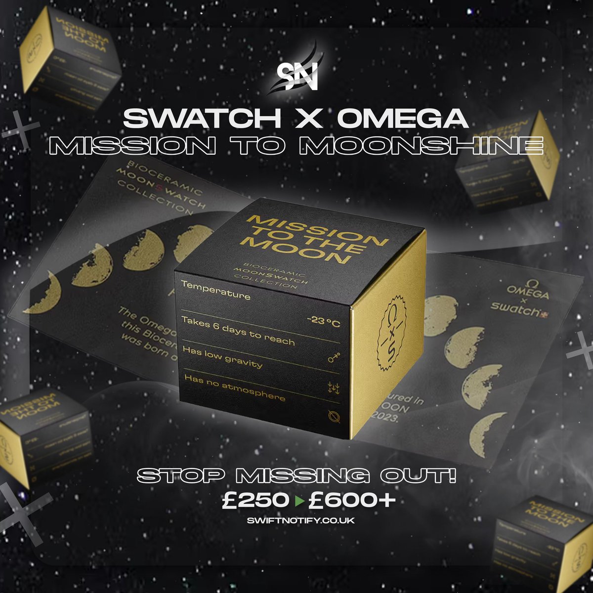 ⌚️ | SWATCH x OMEGA - Mission To MoonShine Gold.

💰 | Retail - £250
💸 | Resell - £600+

⏳ | Stop Missing Out On Such Great Amounts Of Profit To Be Made, We Don’t Just Resell Sneakers.

🔗 | Join Today - SwiftNotify.co.uk