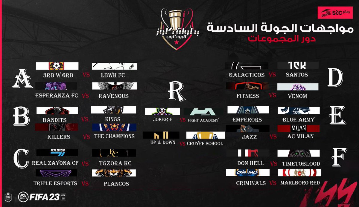 الجولة الخامسة و السادسة 🏆
•
•
مواجهات قوية .. 🔥
هل نرى مفاجآت و خروج احد الكبار  من المجموعات في ختامية دور المجموعات .. 🤩🔥