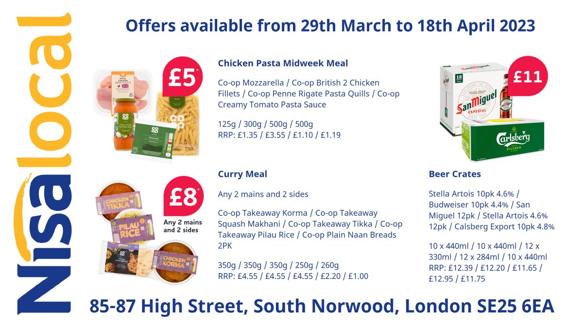This week's deals at Nisa South Norwood!

Pop by and pick up some curry and sides to heat up, or cook a quick chicken meal and have a beer or two!

#southnorwood #SE25 #fakeaway #fakeawayfriday #mealdeals