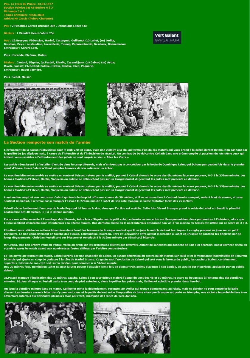 Un jour, un match (6) : Pau - Béziers 1977, la Section remporte son match de l'année ...