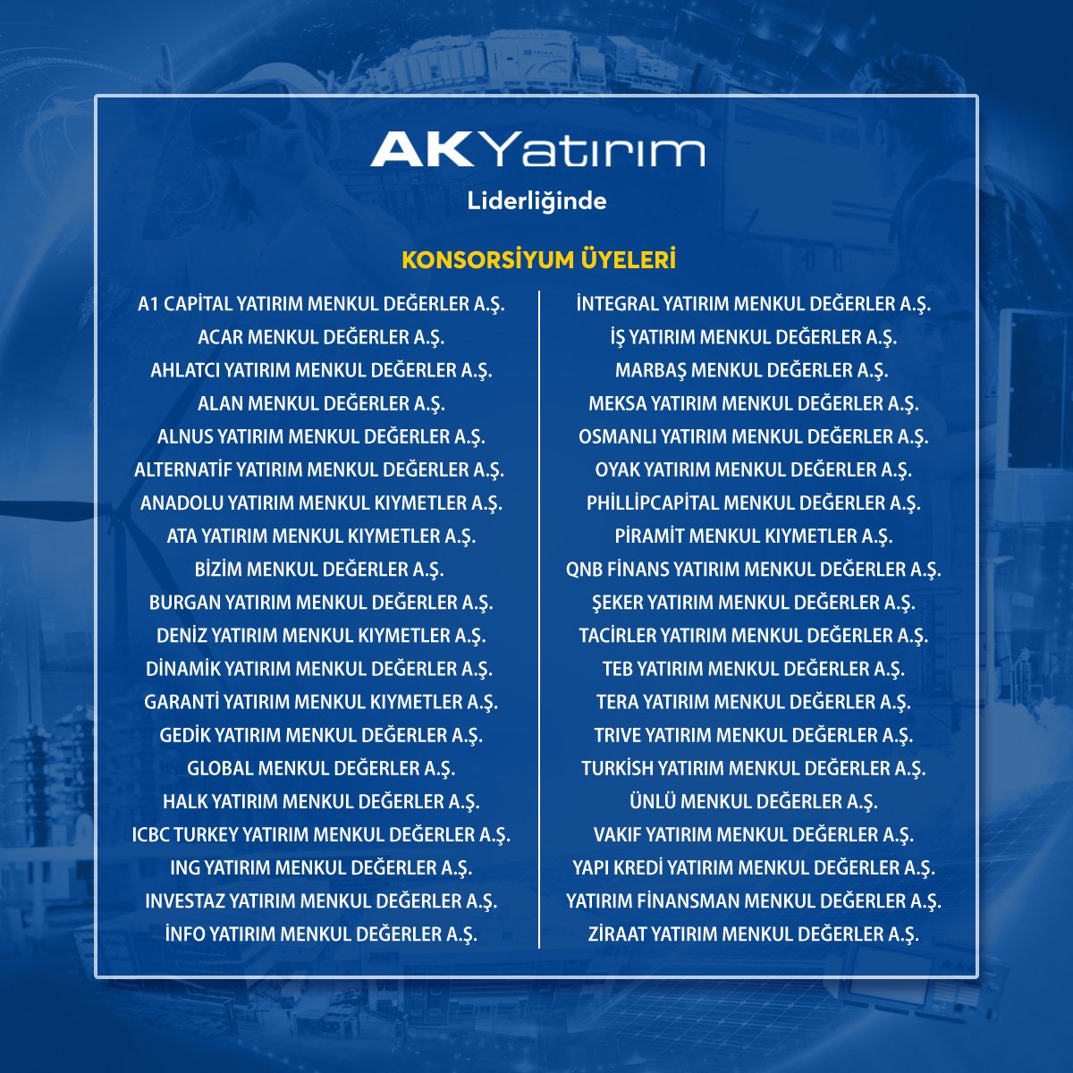 Europower Enerji (EUPWR) AK Yatırım liderliğinde halka arz ediliyor.
Enerjinin geleceğine ortak olun. Talep toplama tarihleri 12-13-14 Nisan 2023 

Payların halka arz fiyatının belirlenmesinde Sermaye Piyasası Kurulu’nun ya da Borsa İstanbul A.Ş.’nin herhangi bir takdir yetkisi