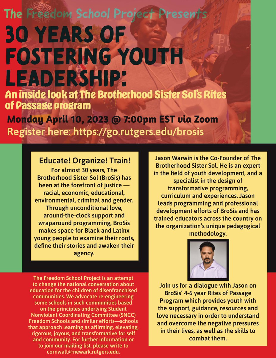 cornwall_center's tweet image. On Monday, Jason from @BroSis512 will join us to talk about the Brotherhood Sister Sol's rites of passage program as an important component of their youth development model. #liberatoryeducation #freedomschools #culturallyrelevantpedagogy
Register: go.rutgers.edu/brosis