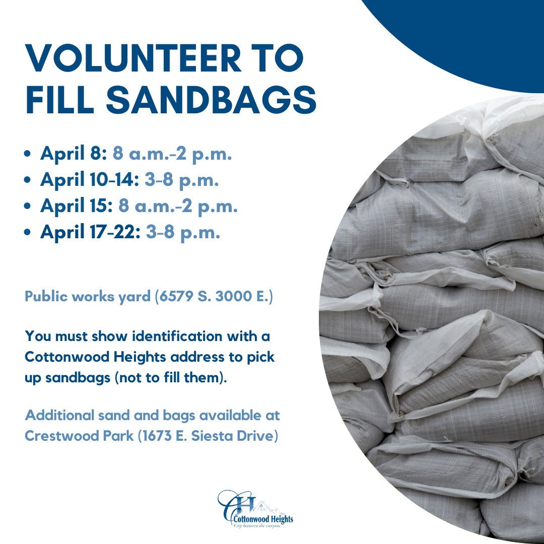 CHCity's tweet photo. 1) Volunteer sandbag efforts continue at the public works yard (6579 S. 3000 E.):
April 7: 3-8 p.m.
April 8: 8 a.m.-2 p.m.
April 10-14: 3-8 p.m.
April 15: 8 a.m.-2 p.m.
April 17-21: 3-8 p.m.

You must show identification with a Cottonwood Heights address to pick up sandbags. https://t.co/KhaJPZX33o