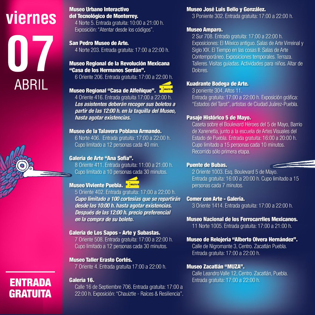 elmuitec's tweet photo. 🗓️ 07 de abril
➡️ Entrada gratuita
⏰ 10:00 a 21:00 h.
📍 4 Norte No. 5, Centro Histórico
#nochedemuseos #puebla #abril #entradagratuita #museo #elmui #elmuitec
@Noche_de_Museos @TECcampusPUE @LifePuebla https://t.co/0aJSWIKHJg