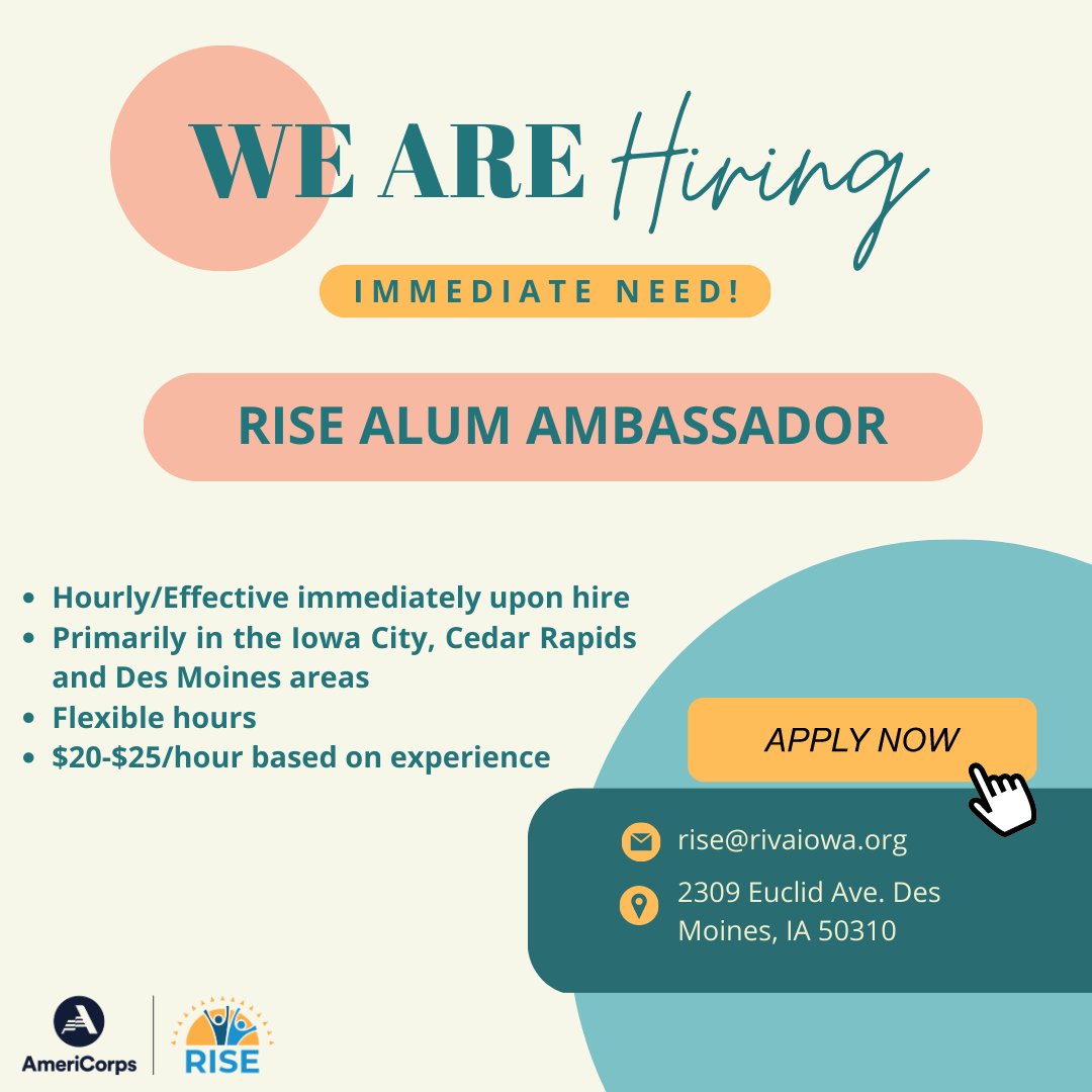 RISE AmeriCorps is looking for a knowledgeable mentor to provide grassroots outreach and application support to new and potential members. Deadline to apply is April 17! Send resume or questions to rise@rivaiowa.org