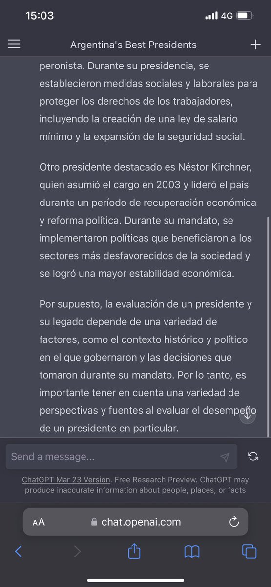 vickylb123's tweet photo. @alejojoaan @diegazen ChatGPT nunca quiere opinar. Pero tiró la de Perón y Néstor. https://t.co/sLf91SiDYG