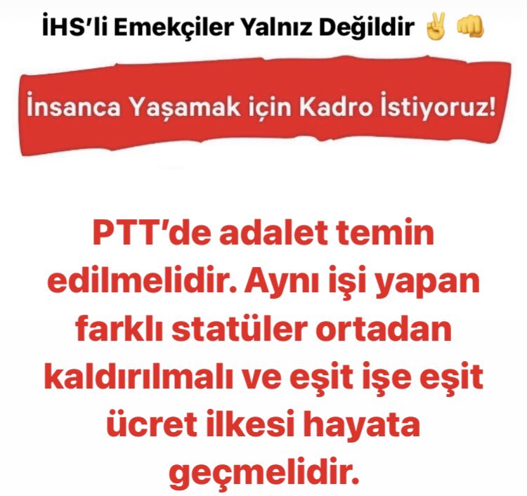 Kamu hizmeti gören PTT’nin göz bebeği olan cefakar İHS’li emekçiler kadro bekliyor. 
Kamu hizmeti görenler sözleşmeli olamaz, biran önce #pttihslilerekadro verilmelidir!