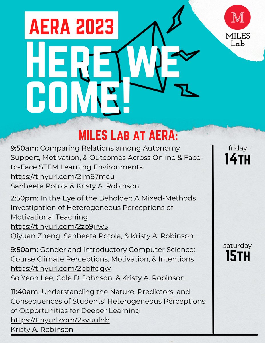 MILESLab's tweet photo. Planning your #AERA23? Consider checking out:
- @sanheetashankar's paper: https://t.co/OZwDZlM3C1

- @QiyuanZheng2 &amp; Sanheeta's poster: https://t.co/f0ERLdVmXv

-@learning100525's &amp; @colejohnsonLS's paper: https://t.co/cxgZePmCwJ

-@krisarob's poster: https://t.co/NtxO4wlNos https://t.co/sqU7FflRci