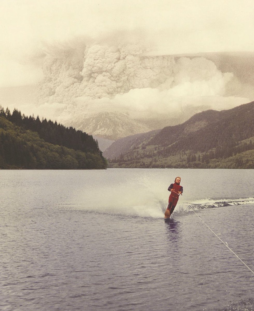 historyinmemes's tweet image. Teenager water skling on May 18, 1980 as Mount St. Helens erupts in the background