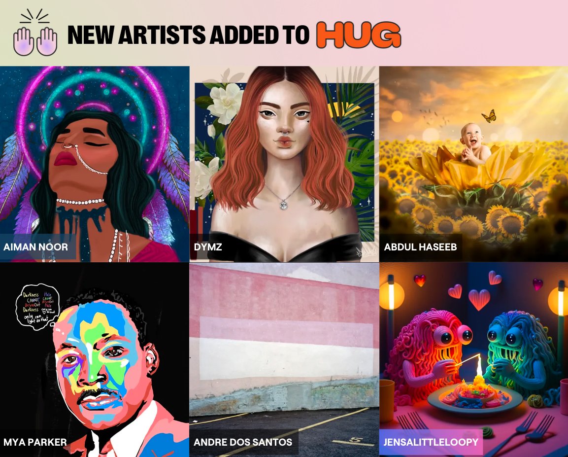 Congratulations to the latest artists curated by our community and added to HUG 🎊

<a href="/AimanNoor_NFT/">Aiman Noor</a>
<a href="/DymzNFT/">Dymz | Cywoms</a>
<a href="/AHHingoro/">AHH</a>
@myalparker
<a href="/cryptonym/">Cryptonym 🏴‍☠️</a>
@jenjustjen3

Welcome! We can't wait to see how you customize your profiles. Check your emails for instructions 🤗✨