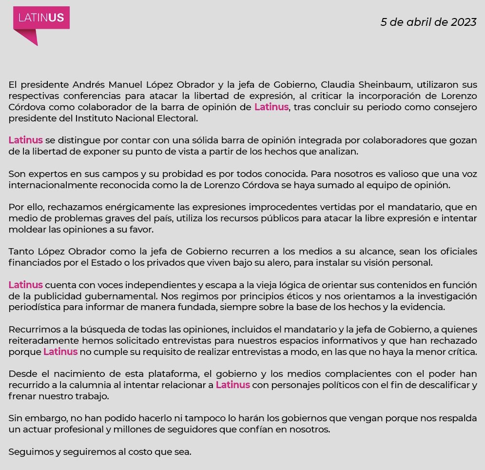 Latinus se pronuncia. 👏

A <a href="/CarlosLoret/">Carlos Loret de Mola</a> y a <a href="/lorenzocordovav/">Lorenzo Córdova V.</a> los calumnian López y la Claus porque NO LOS PUEDEN DESMENTIR!!

¡NI PODRÁN ! 

Todo el apoyo a Carlos Loret y Lorenzo Córdova! ENORMES LOS DOS !👇👏👏