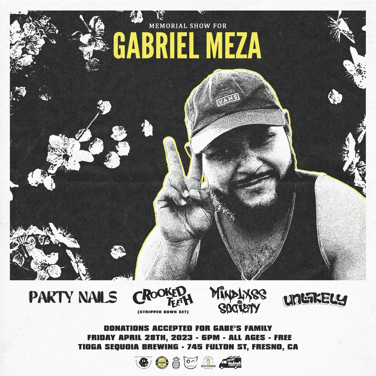 Hey everyone. We're having an event for our very good friend Gabe of <a href="/_NeonPineapple_/">Neon Pineapple Entertainment</a> at <a href="/TiogaSequoia/">Tioga-Sequoia Brewing Co.</a> April 28th. <a href="/partynails/">Party Nails</a> <a href="/crookedteethca/">Crooked Teeth</a> #MindlessSociety and <a href="/Unlikely_Band/">Unlikely</a> will be joining us, you should too. Donations will be accepted for Gabe's family.